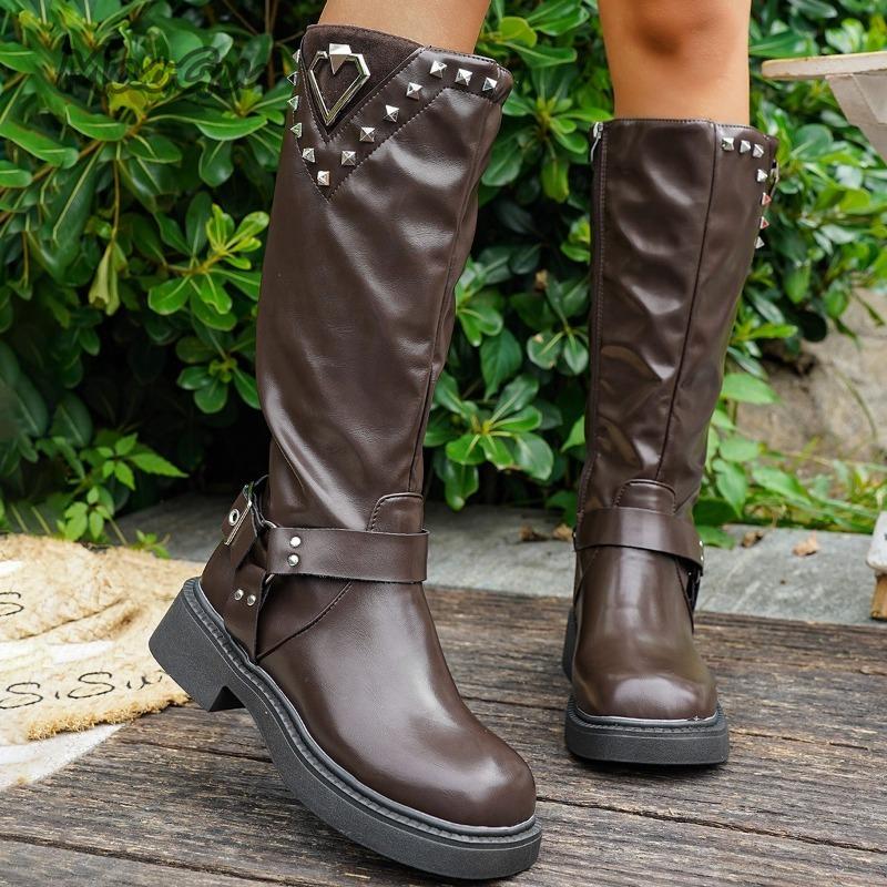 Fashion Size 36-42 Black Brown PU Women's Long Boots Western Buckles Rivet Decor Ladies Knee-High Boots Autumn Fashion Botas Altas