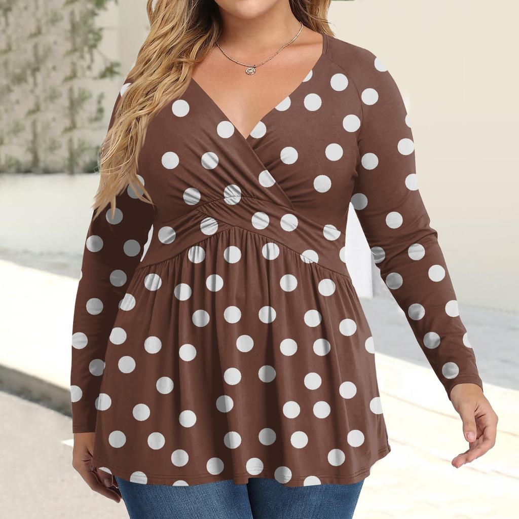Women's Plus Size Shirt Long Sleeve  Print Top Pleated Casual V-Neck Top