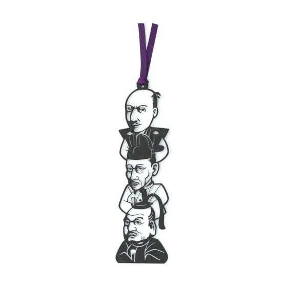 Kirie Bookmark featuring Motifs of the Three Great Unifiers of Japan (Oda Nobunaga, Toyotomi Hideyoshi, Tokugawa Ieyasu) - Purple Cord, 12cm x 3.6cm