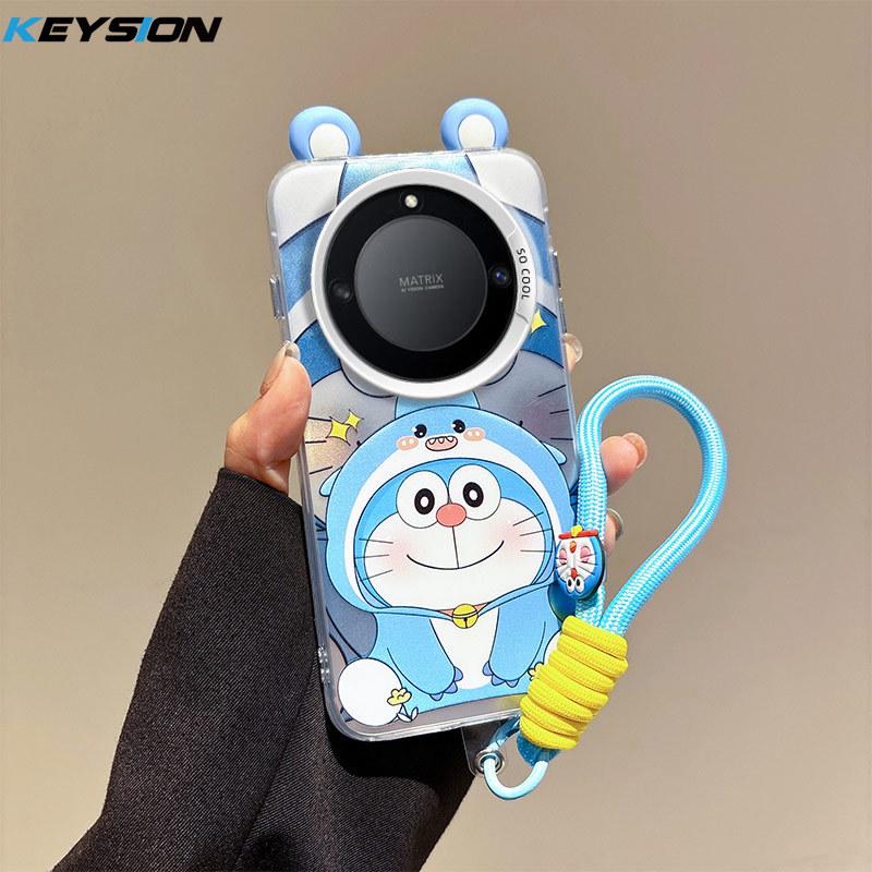 KEYSION Cute Ear Cartoon Case for HONOR X9A 5G with Lanyard Soft Silicone+PC Shockproof Phone Cover for Huawei Magic 5 Lite 5G