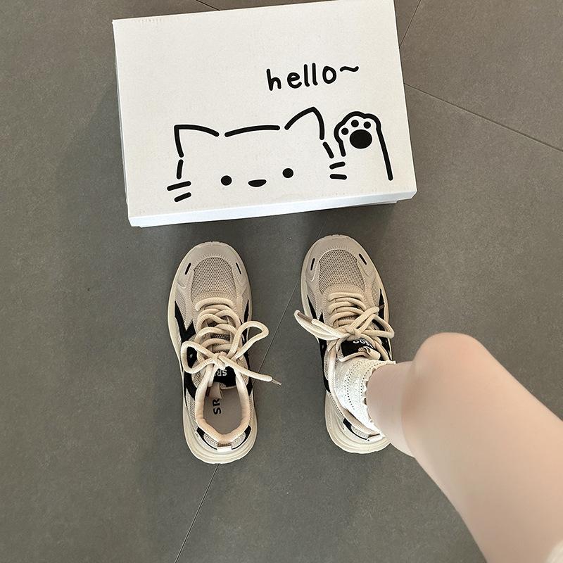 Fashion retro thick baseplate shoes splicing mesh shallow mouth sports shoes women's summer casual lace-up dad shoes running shoes