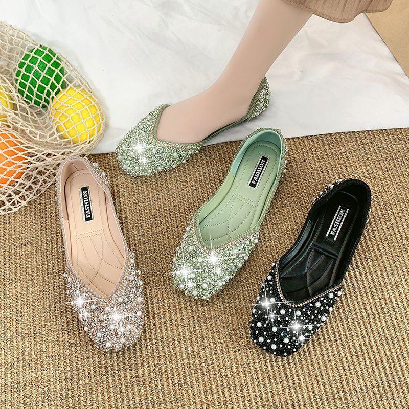 Fashion sparkling rhinestone shallow mouth square head single shoes versatile flat-bottomed temperament women's shoes 2025 spring and summer new model