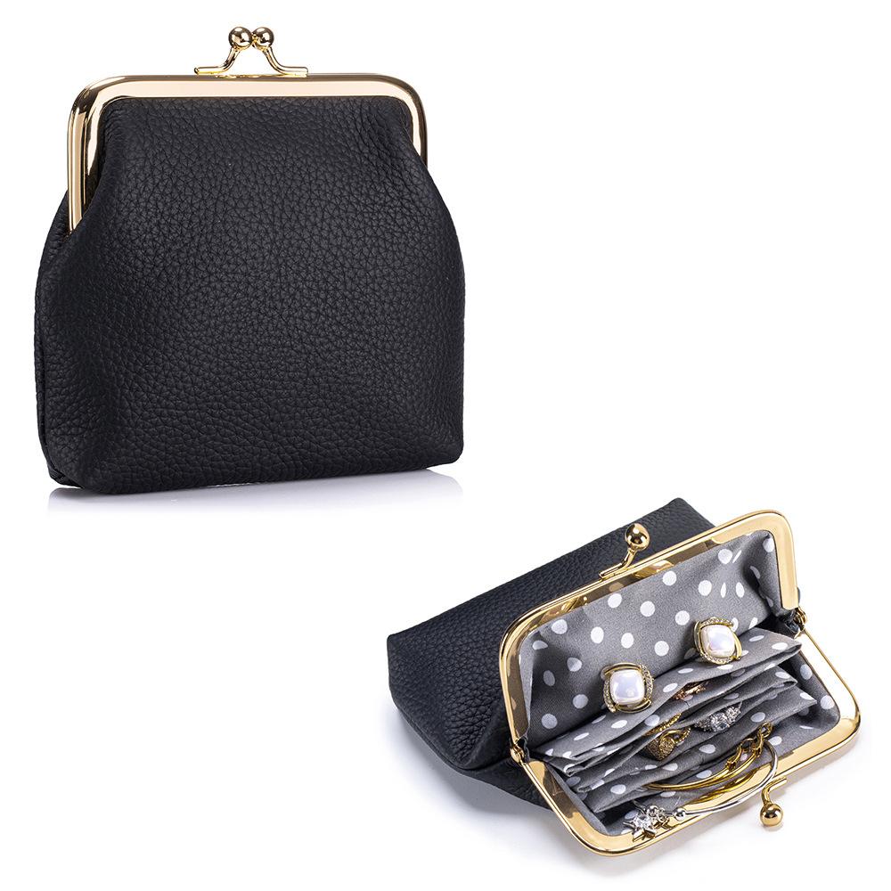 Leather Kiss Lock Closure Coin Purse - Polka Dot Lining Frame Clasp Pouch, Mini Retro Wallet for Coins & Lipstick,Gift for Girls