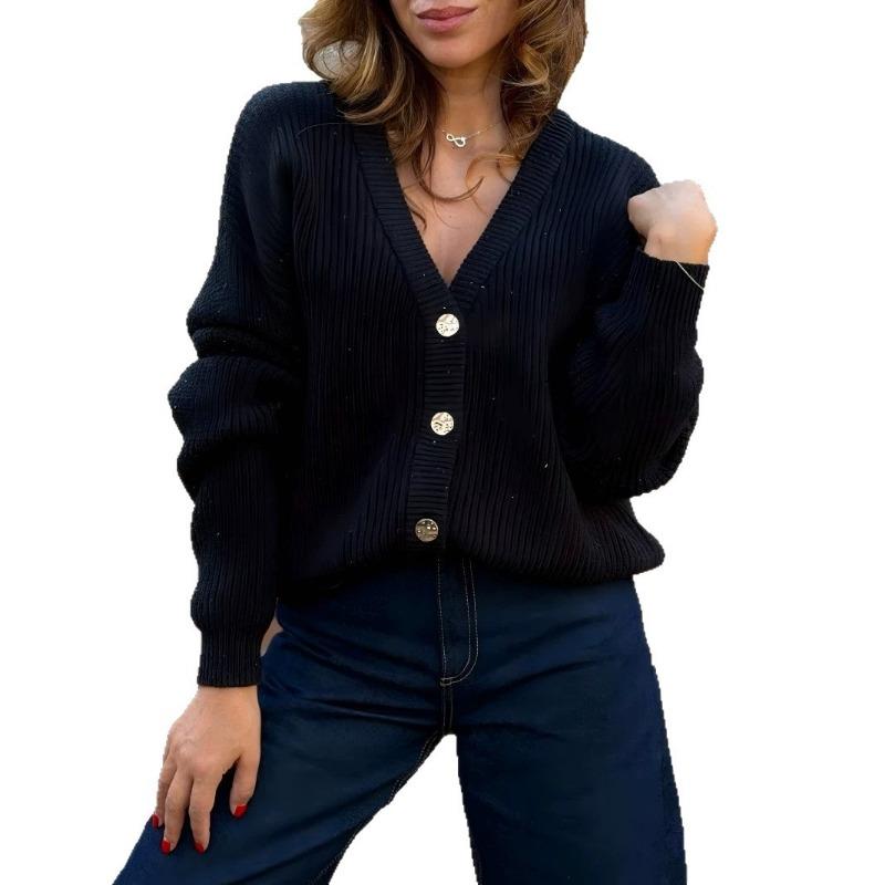 Women V Neck Slim Fit Thick Knit Cardigan Casual Sweater Outerwear