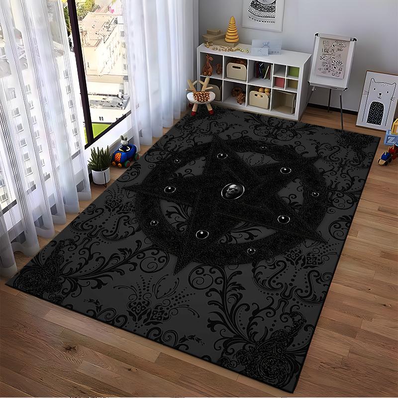 Black Carpet with Pentagram and Gothic Floral Design Pattern Suitable for use as an anti-slip for living room bedroom sofas