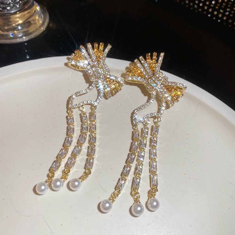 Silver Needle CZ Bow Tassel Pearl Stud Earrings: Elegant & Modern Style for Women