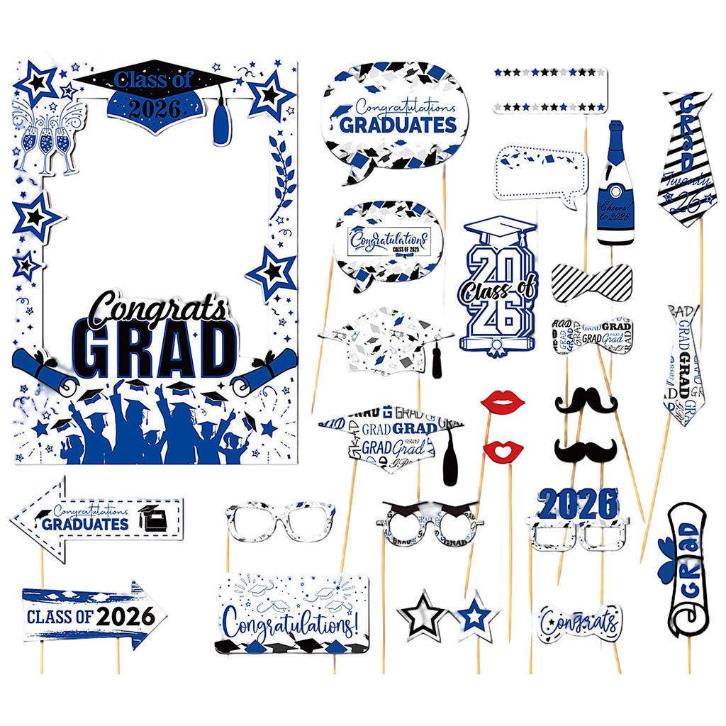 Graduation Party Photo Booth Props Set for Class of 2026 with Glasses Hats Signs and Decorative Accessories for Graduation Events