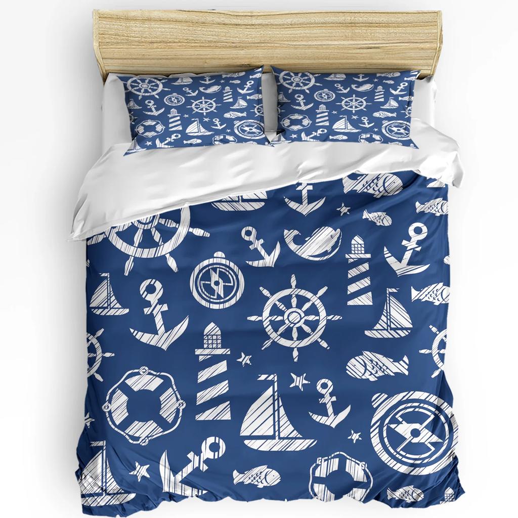 Nautical Anchor Ship Lighthouse Whale Art 3dílná sada povlečení pro manželskou postel Domácí textil Povlak na přikrývku Povlak na polštář Povlak na polštář
