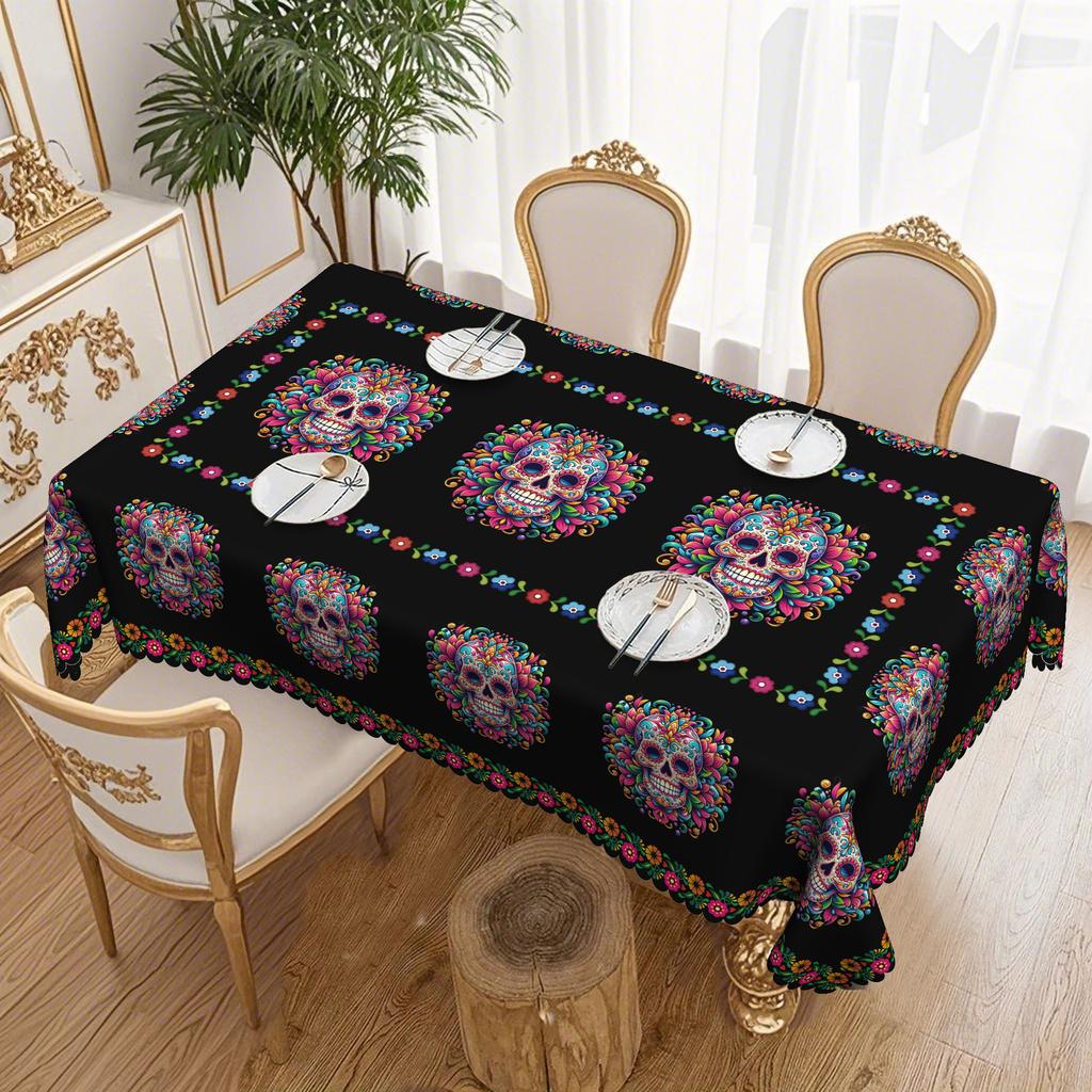 1 Piece, Halloween Colorful Skull Round Tablecloth With Bright Flowers And Skull Designs On A Black Background