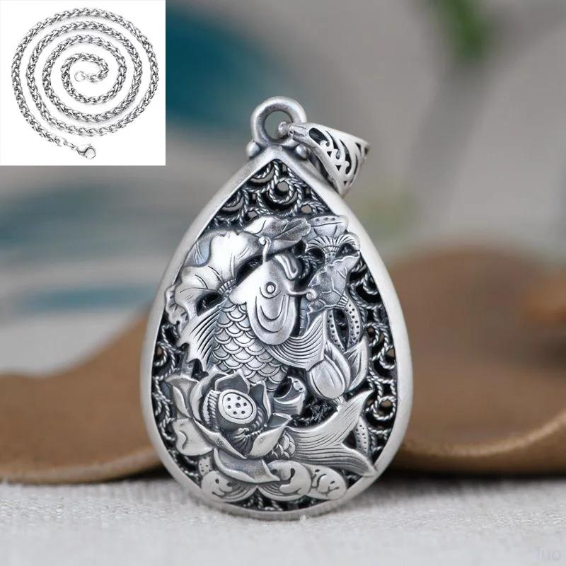 

Classic New in Vintage 925 Silver National Style Engraved Lotus Flower Droplet Drop Pendant Necklace Keel Chain Charm Jewelry 45cm