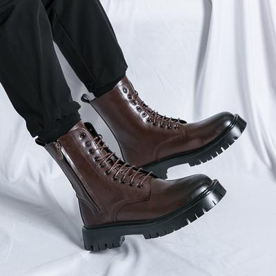 Men PU Solid Color Thick Soled Round Toe High Top Lace Up Motorcycle Cowboy Boots Fashionable Comfortable Men Boots