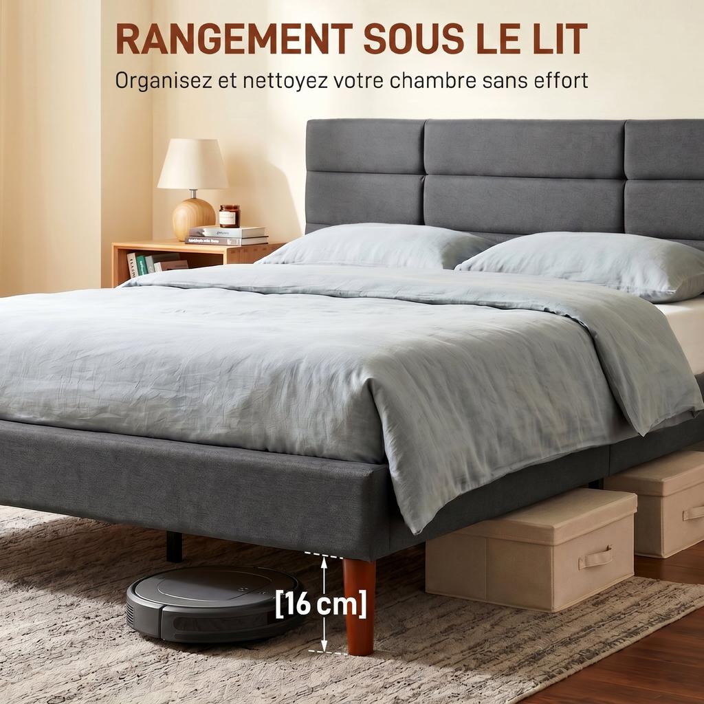 Bed Frame 140 X 200 Cm With Wooden Slatted Base Double Bed Upholstered In Linen Effect Storage Underneath Noise Free Gray
