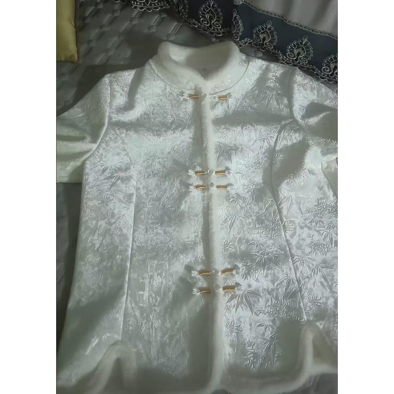 Chinese Style Fleece Lined Coat Fashion Button  Vintage Casual Tops