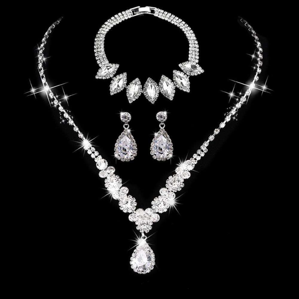 Wedding Jewelry Set Three-piece Set Bright Rhinestones Zircon Angel Teardrop Necklace Earrings Bracelet