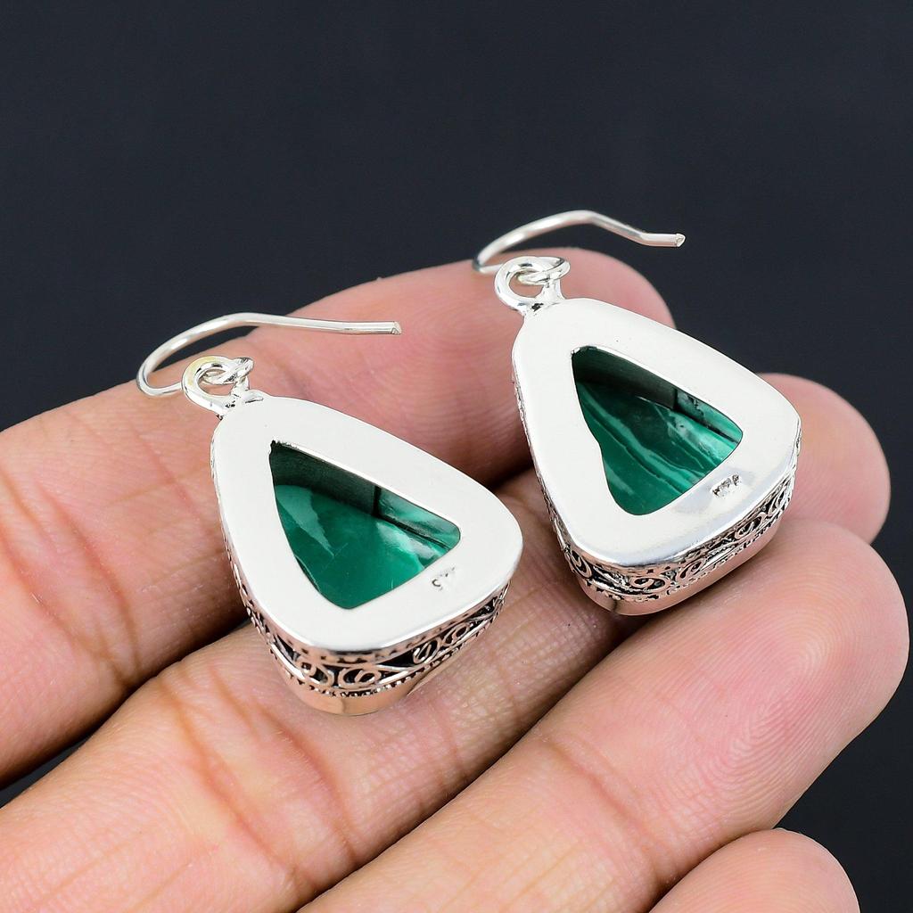 Malachite Stone Dangle Drop Unique New Vintage Heart Chakra Earrings 925 Silver