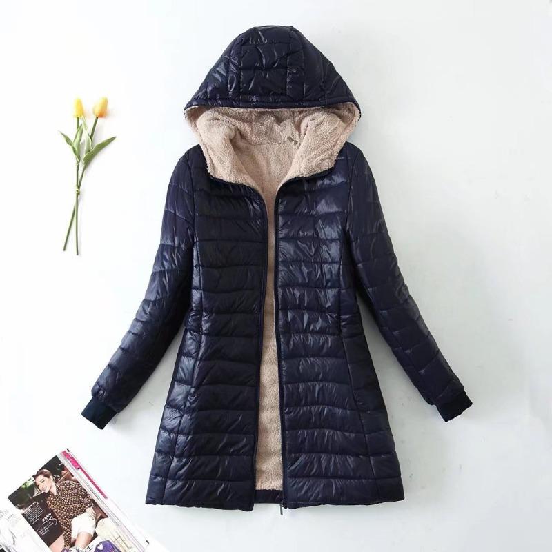 Autumn and Winter New Thickened and Velvet Hooded Medium and Long Slim-fit Warm Lamb Wool Cotton-padded Coat Women's Coat