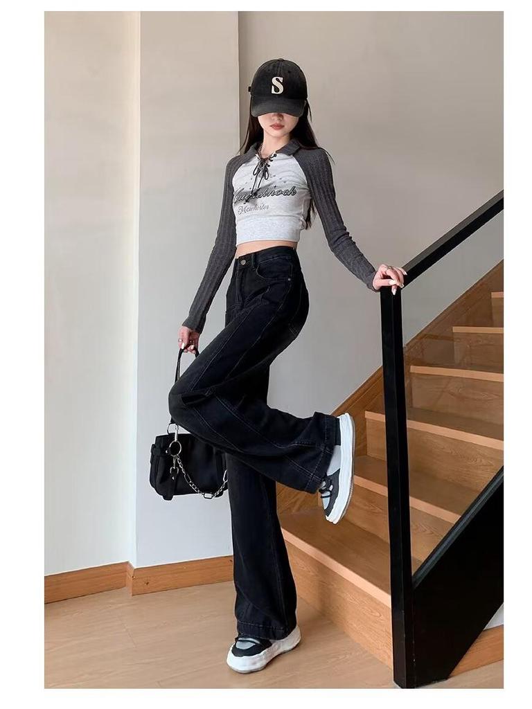 Women's High-Waist Straight Loose Jeans, Small Wide-Leg Mopping Style for Spring, Autumn, Winter 2024