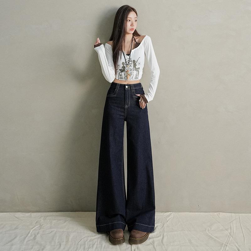 Spring New Retro American Jeans Women's High Waist Loose Drape Elastic and Thin Floor-mopping Wide-leg Pants Tide