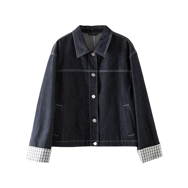 Xin Ge Women's Retro Plaid Patchwork Denim Jacket - Long Sleeve, Drop Shoulder, Casual Fit.