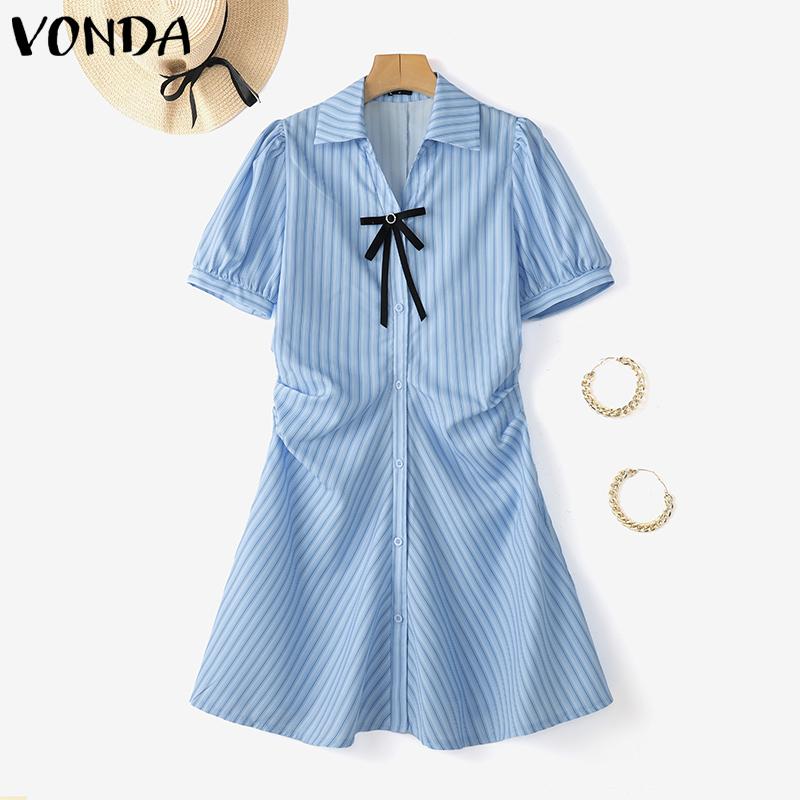 

VONDA Women Girls Summer Short Sleeve Bow Knot Side Twisted Striped Dress 4XL синий
