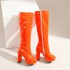 PU lakovaná kůže Oranžová Žlutá Zelená Sexy boty Plus velikost 47 48 Westernová platforma Robustní vysoké podpatky ke kolenům vysoké strečové boty Dámské plesové boty na párty