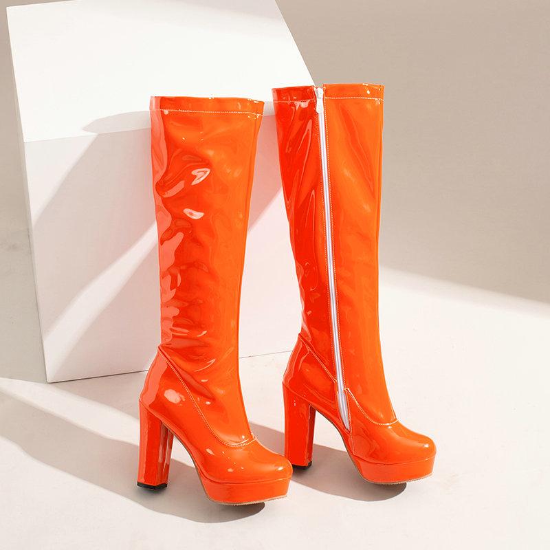 Piele PU Lac Portocaliu Galben Verde Pantofi Sexy Marimea Plus 47 48 Platformă Vestică Tocuri înalte cu tocuri înalte Cizme elastice până la genunchi.