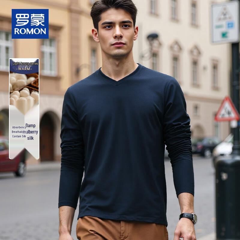 ROMON Herren V-Ausschnitt Langarm Seidenmischung T-Shirt