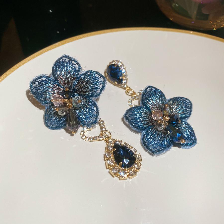 Silver Needle Fabric Flower Glass Fringed Earrings Medium Antique Temperament Stud Earrings Design Sense Niche Earrings