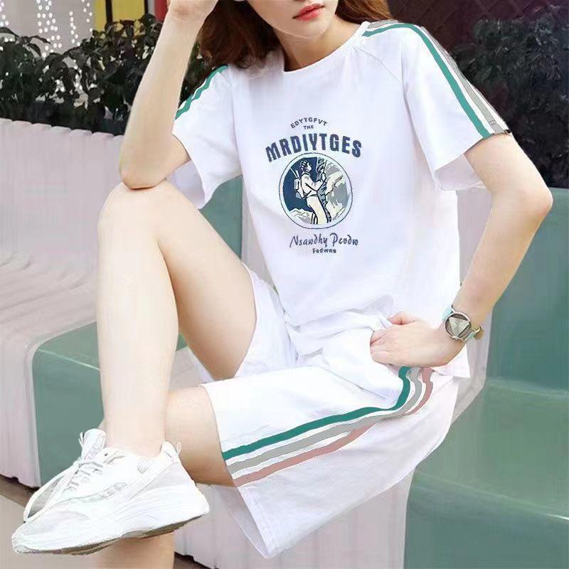 Women's Korean-Style Summer White Loose Plus Size Short Sleeve T-Shirt & Shorts Set
