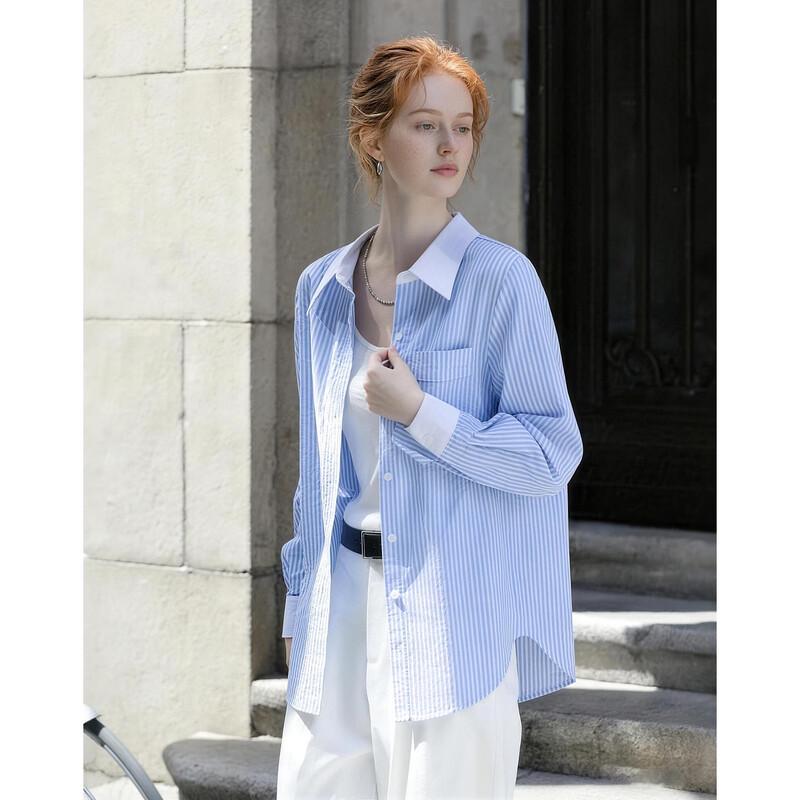 Demana Women s Striped Color-Block Long Sleeve Lapel Blouse S