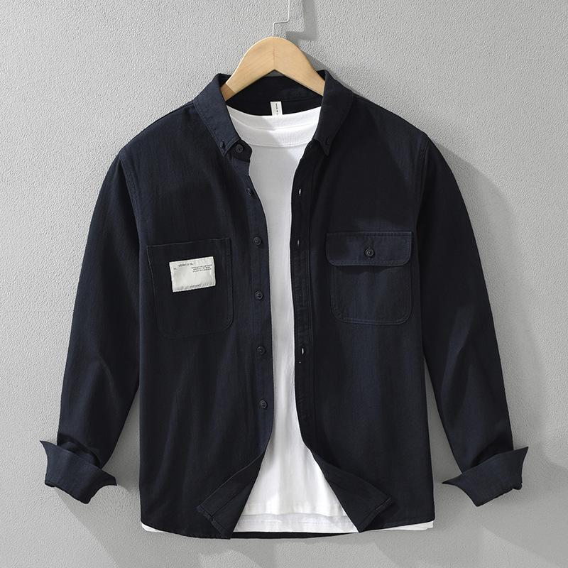 Camicia Lunga da Lavoro Stile Giapponese Uomo Workwear Doppie Tasche Camicia Casual da Uomo Primavera e Autunno Puro Cotone Bottoni Comfort Uomo Top