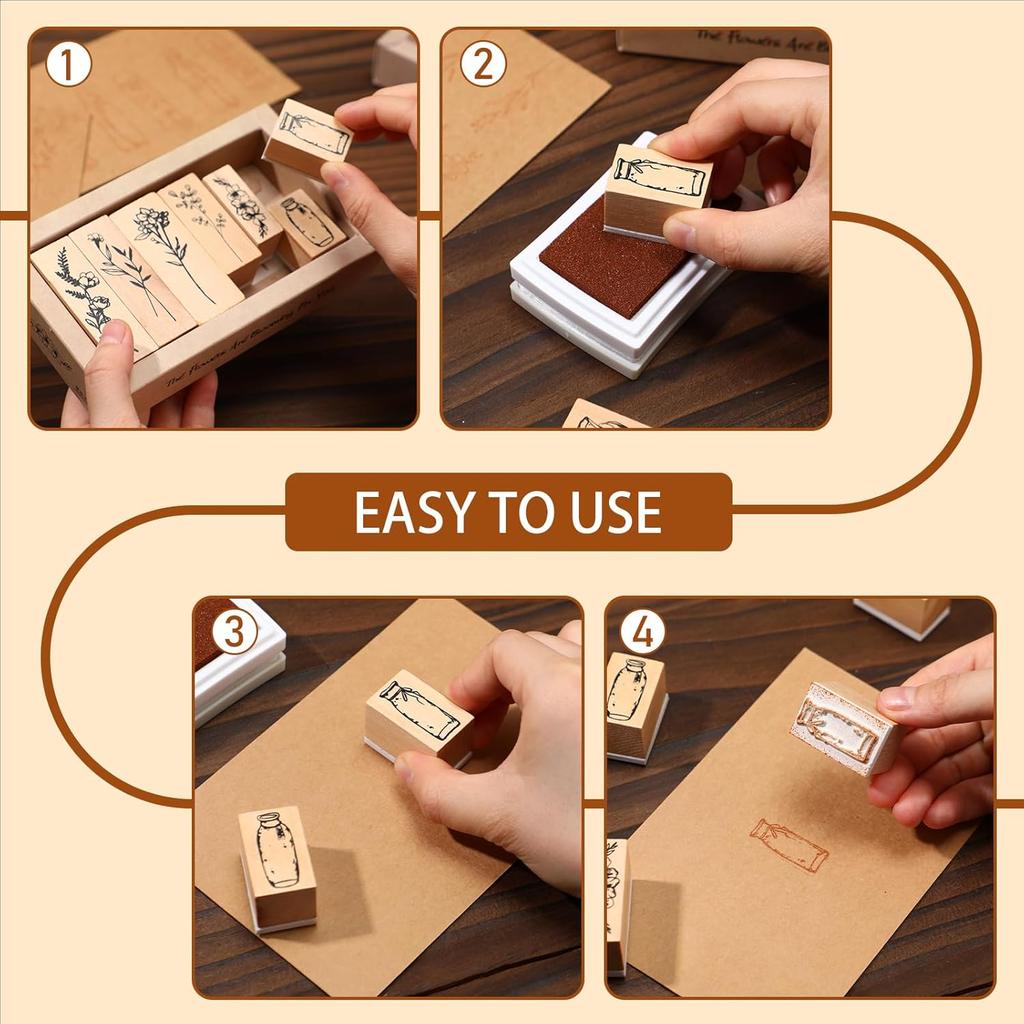 Marspark 31 Pieces Vintage Wooden Rubber Stamps Flower Plant Decorative Cute Wood Mounted Stamps Set for DIY Craft, Scrapbook, Journaling and Letters