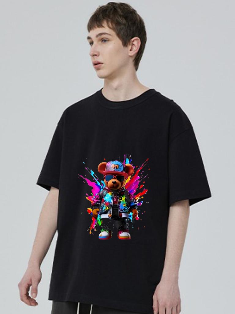 Black T Shirt with Colorful Bear Graphic Print for Casual Wear