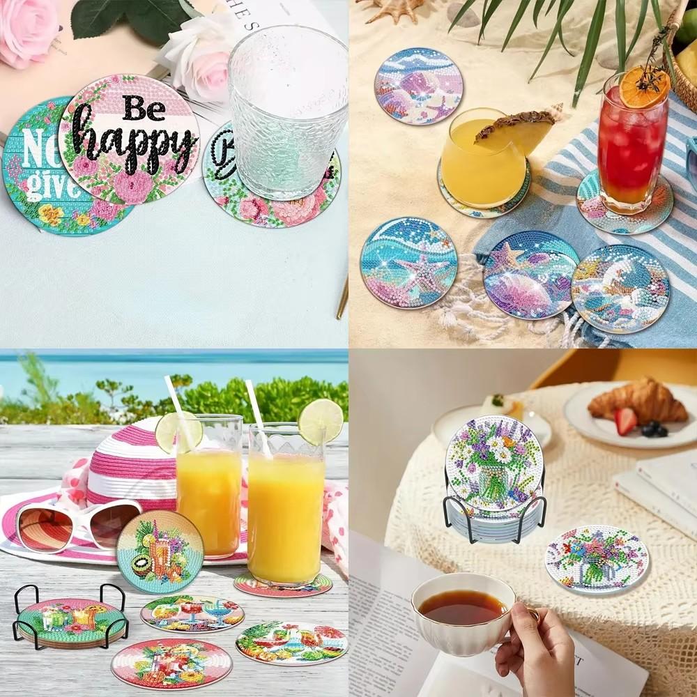 8 Pieces/set of Underwater World Animal Diamond Painted Coaster Set with Bracket DIY Coaster for Beginners and Adults, Gift of Art and Crafts Supplies