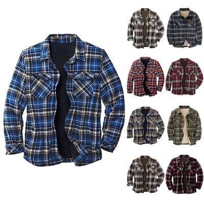 Men's Quilted Lined Button Down Plaid Shirt Add Velvet To Keep Warm Jacket With Hood