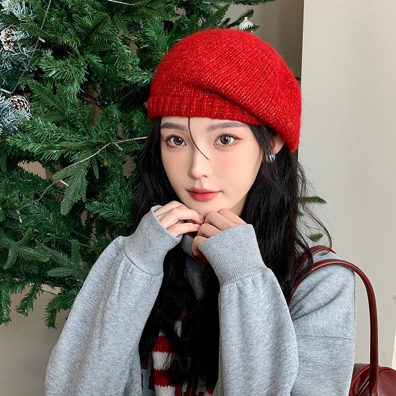 Mohair Knitted Beret Women's Autumn and Winter Literary Retro Plush Woolen Hat Showing Face Small Warm Wool Painter Hat