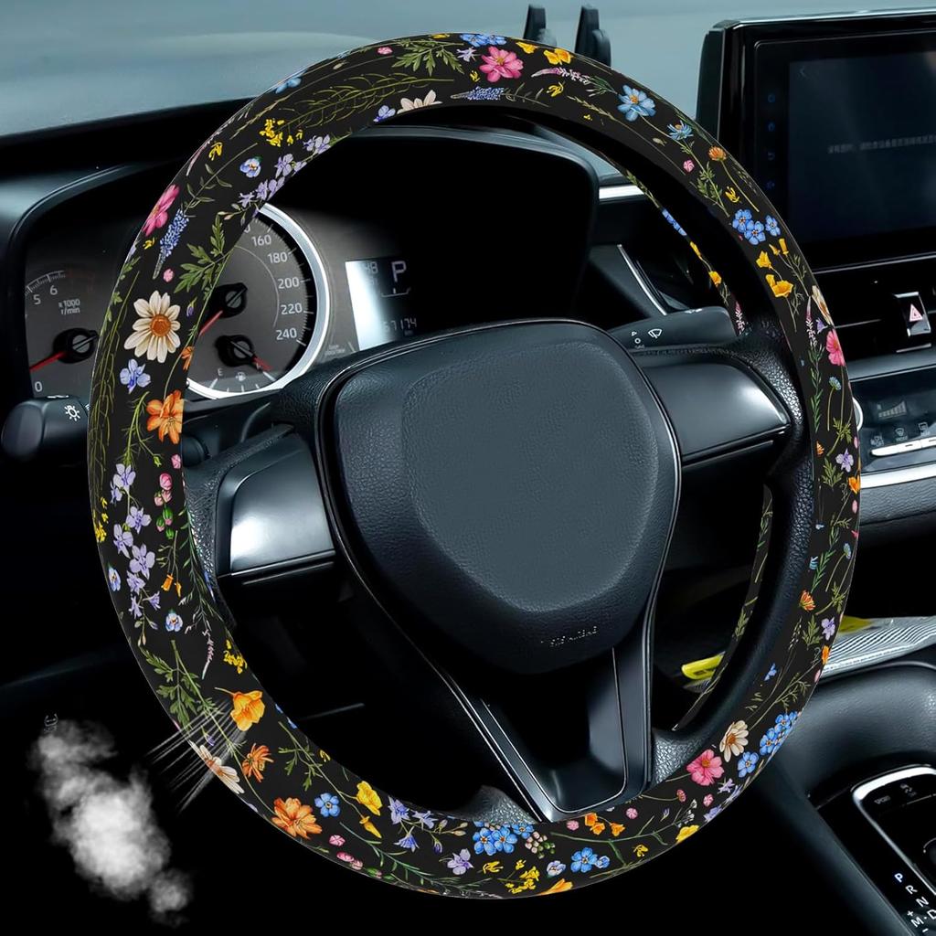 Wildflower Steering Wheel Cover, Flower Car Accessory For Diverse Cars, Steering Wheel Cover Non-Slip Breathable Fabric Absorbing Sweat Universal Car