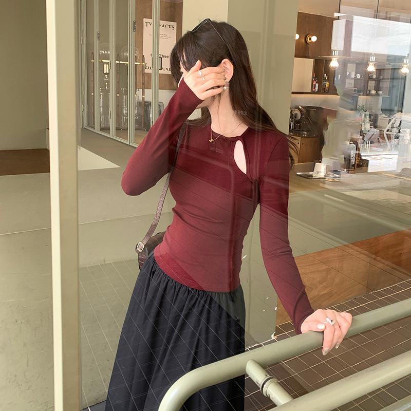 Women's Slim Fit Long Sleeve T-shirt - Pure Desire Collection: Hollow Round Neck, Drop Shoulder, Inner Layer for Autumn/Winter