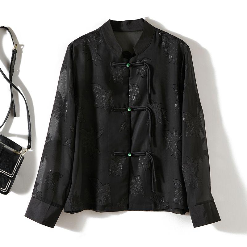 

Chinese Style Poplin Yarn Long-Sleeved Small Stand Collar Semi-Transparent Single-Breasted Shirt Women s Summer Sun Protection Top Breathable Black 4XL