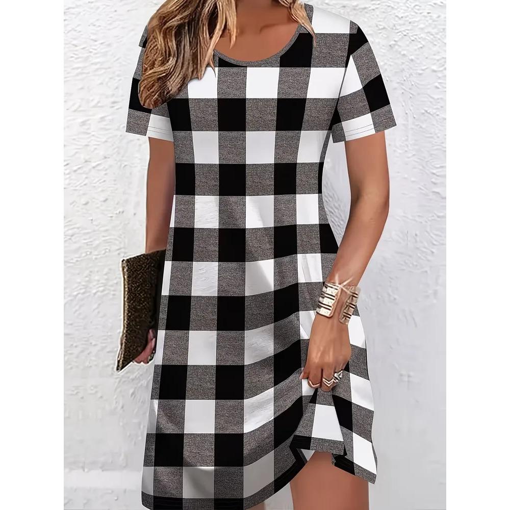 Creative Retro Geometric Stripes Patterns Women Mini Dresses Summer Short Sleeve Printed Plus Size Casual Comfortable Soft Dress