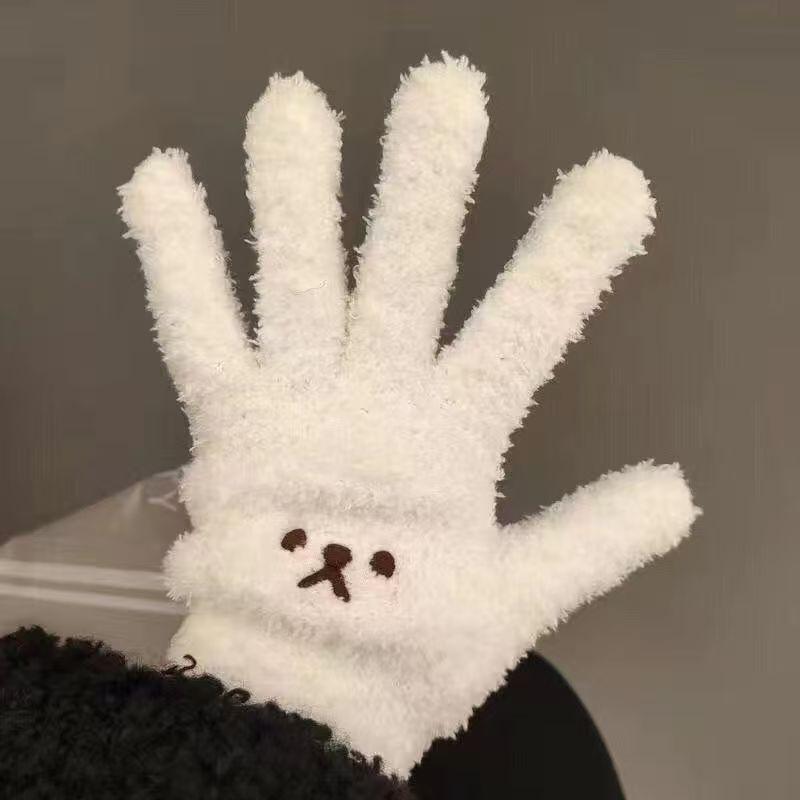 2/4Pcs (1/2 Pair) Coral Fleece Bear Embroidered Gloves, Thick Winter Warm Cartoon Anti-Cold Outdoor Cycling Gloves for Adults, Ins-Style Wi