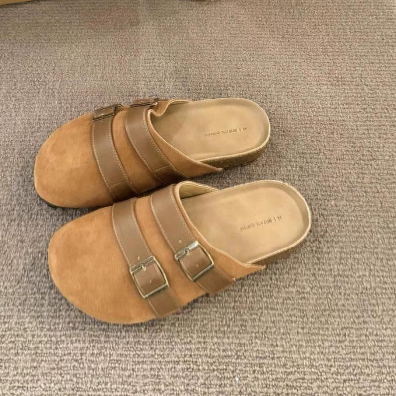 Fashion Women's Fashion Baotou Slippers Spring New Round Head Deep Mouth Suede Metal Buckle Anti-slip Wear-resistant Flat Shoes