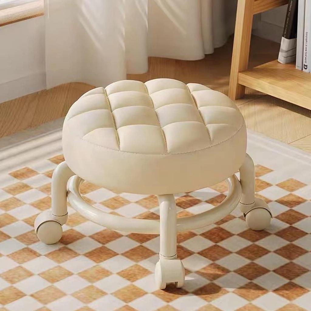 Living Room Footstools With Universal Swivel Caster Wheels Leather Small Rolling Stools Round PU Seat Metal Frame for Home & Office