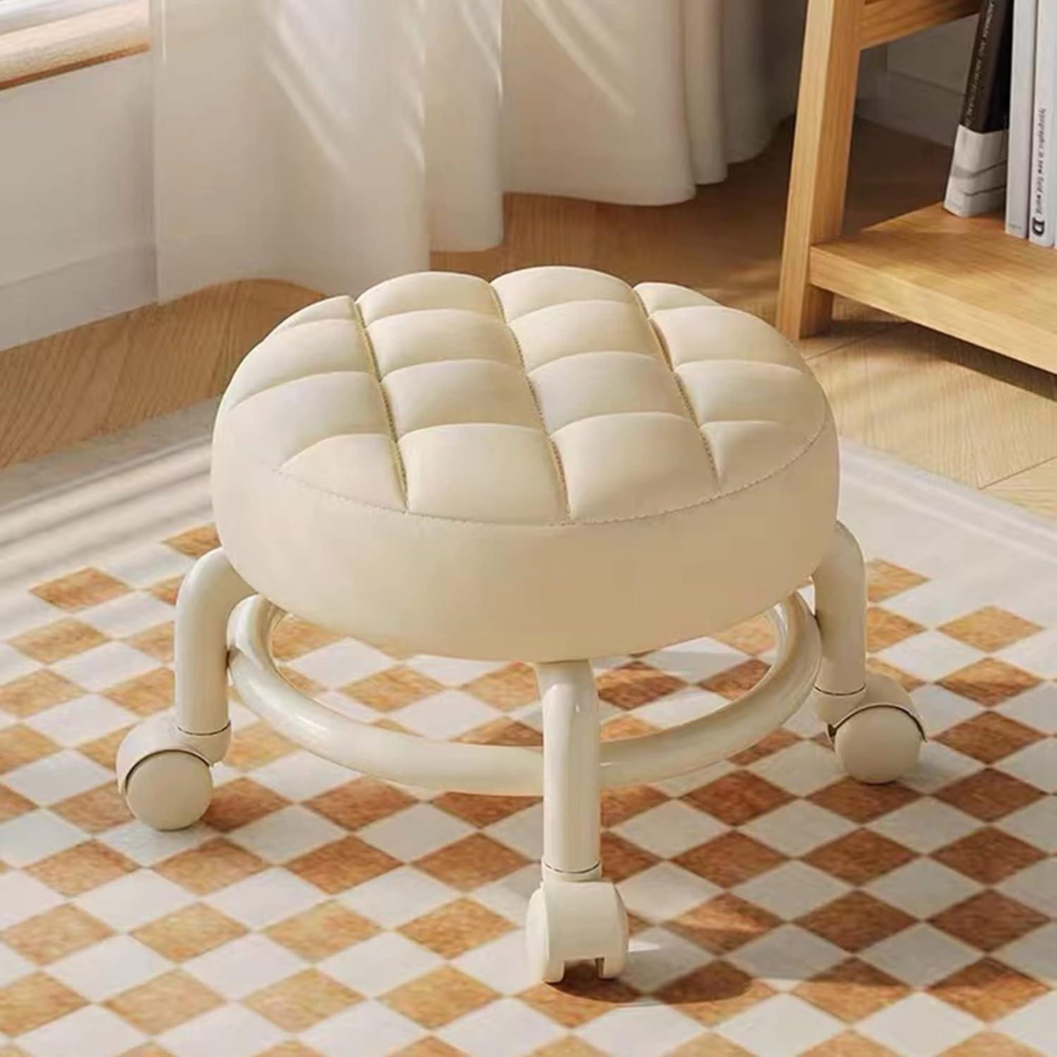 

Подставки для ног в гостиную с универсальными поворотными колесиками, кожаные небольшие табуреты на колесиках, круглое сиденье из полиуретана, металлический каркас для дома и офиса белый