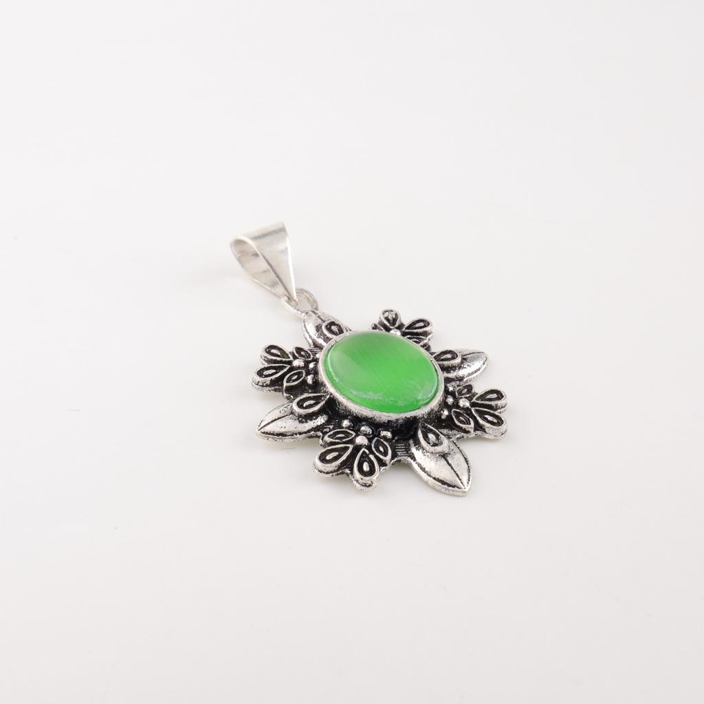 Green Cat's Eye Gemstone 925 Stamped Silver Jewelry Handmade Chain Pendant 1.62" CP-12-41