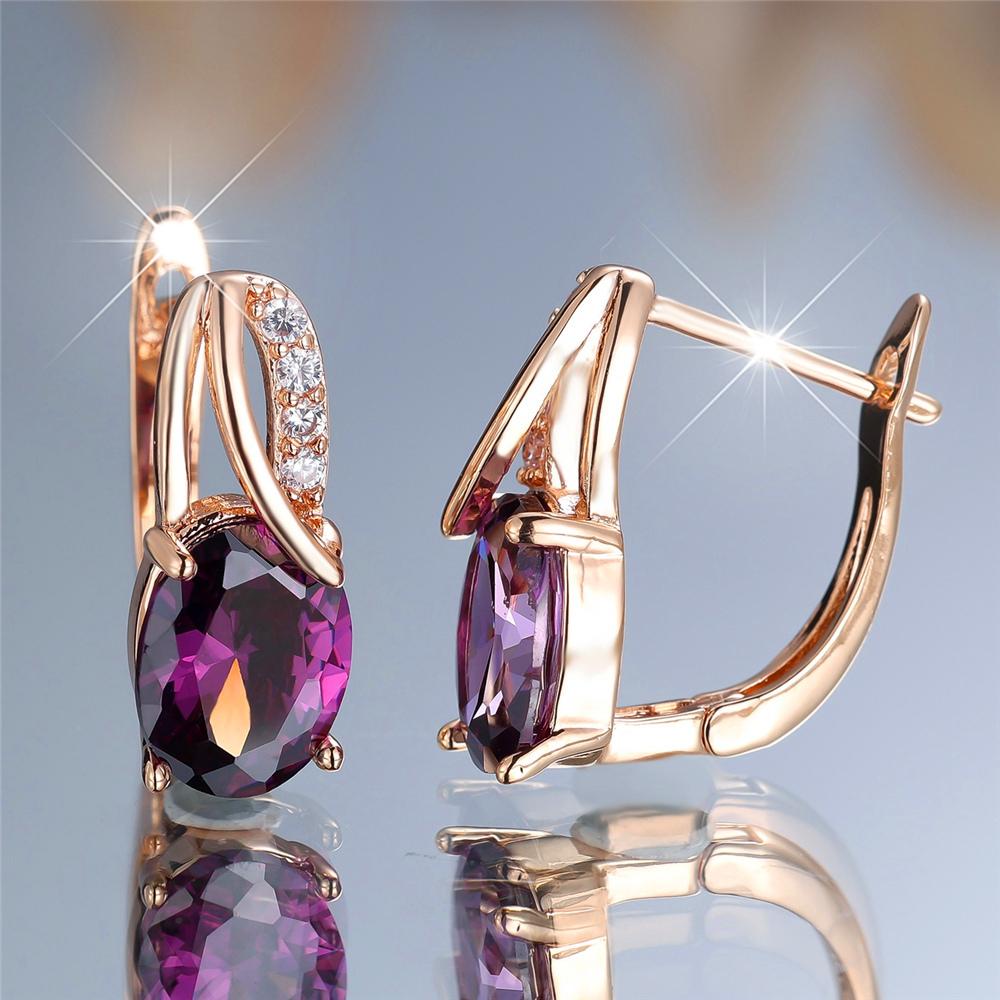 Luxury Female Purple Oval Zircon Stone Hoop Earrings Fashion Gold Color Wedding Jewelry For Women