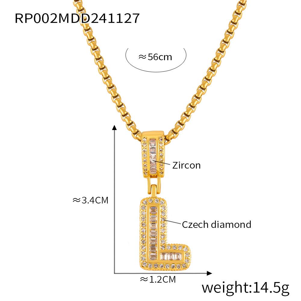 Minimalist Letter Inlaid Diamond Copper Pendant Necklace with Long Box Chain in Gold-Plated Titanium Steel