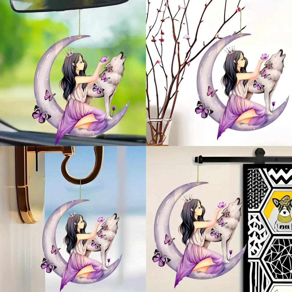 Bunter Acryl Cartoon Floral Mond Mädchen Wolf Schmetterling Autoanhänger Für Einzigartigen Auto-Stil