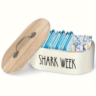 Vintage Holzkiste mit Metallgriff, Runder Organizer mit Deckel, Feuchtigkeits- und Staubdicht, Platzsparend, Stilvolle Dekoration "Shark Week" Rustikal Holz