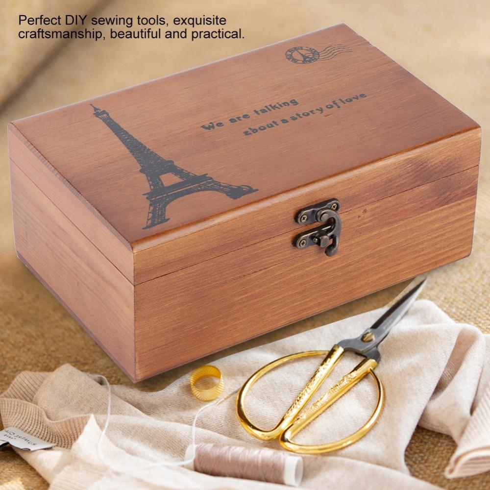Vintage Style Needle Thread Box Wooden Material Sewing Kit Box Thread Storage Case Home Sewing